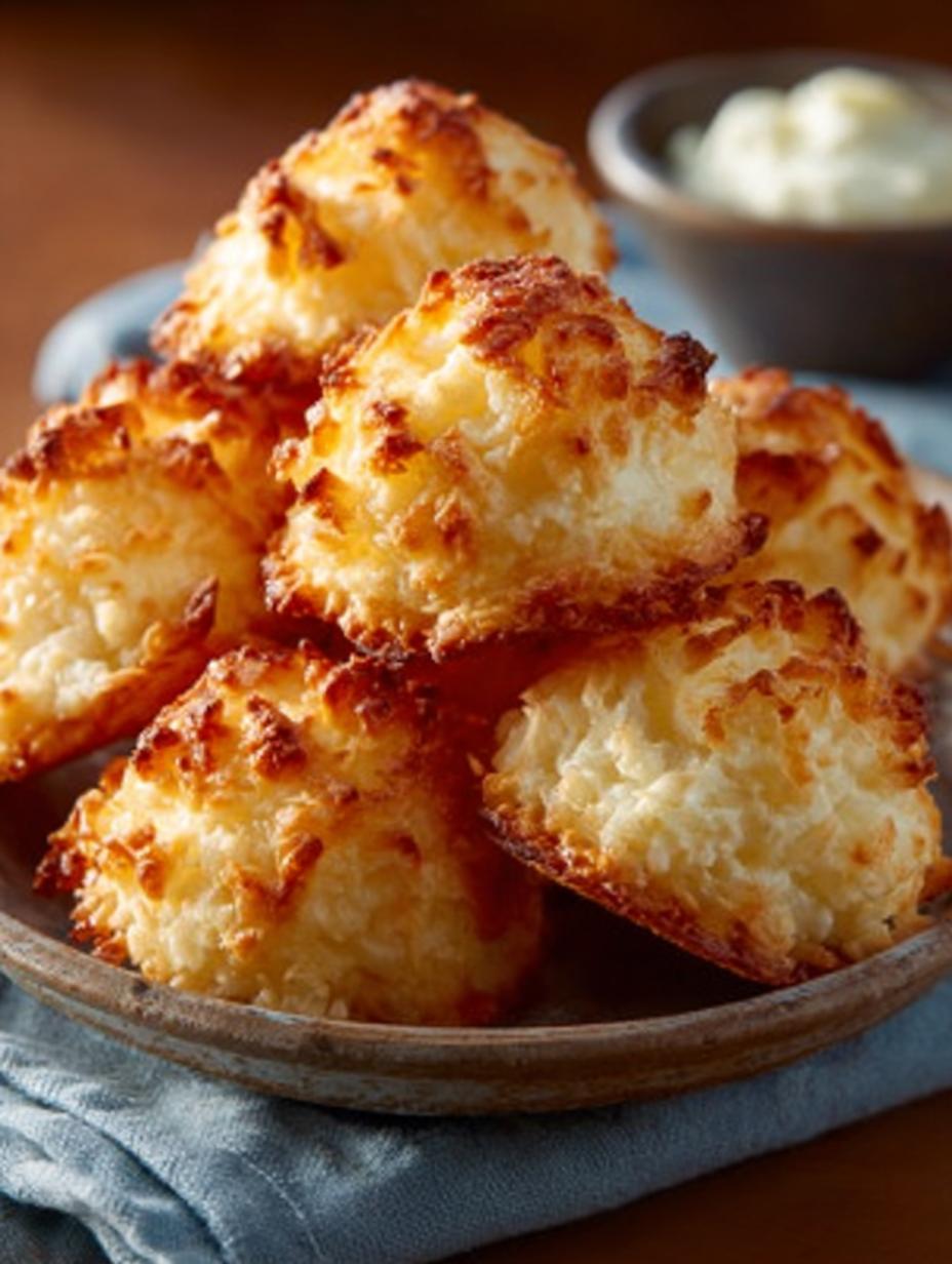 Heerlijke Saftige Kokosmakronen Nach Omas versgebakken op een bakplaat, goudbruin en perfect