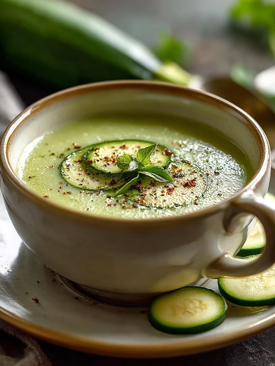 Kom met vers bereide Schnelle Zucchini Suppe, gegarneerd met kruiden en een swirl room