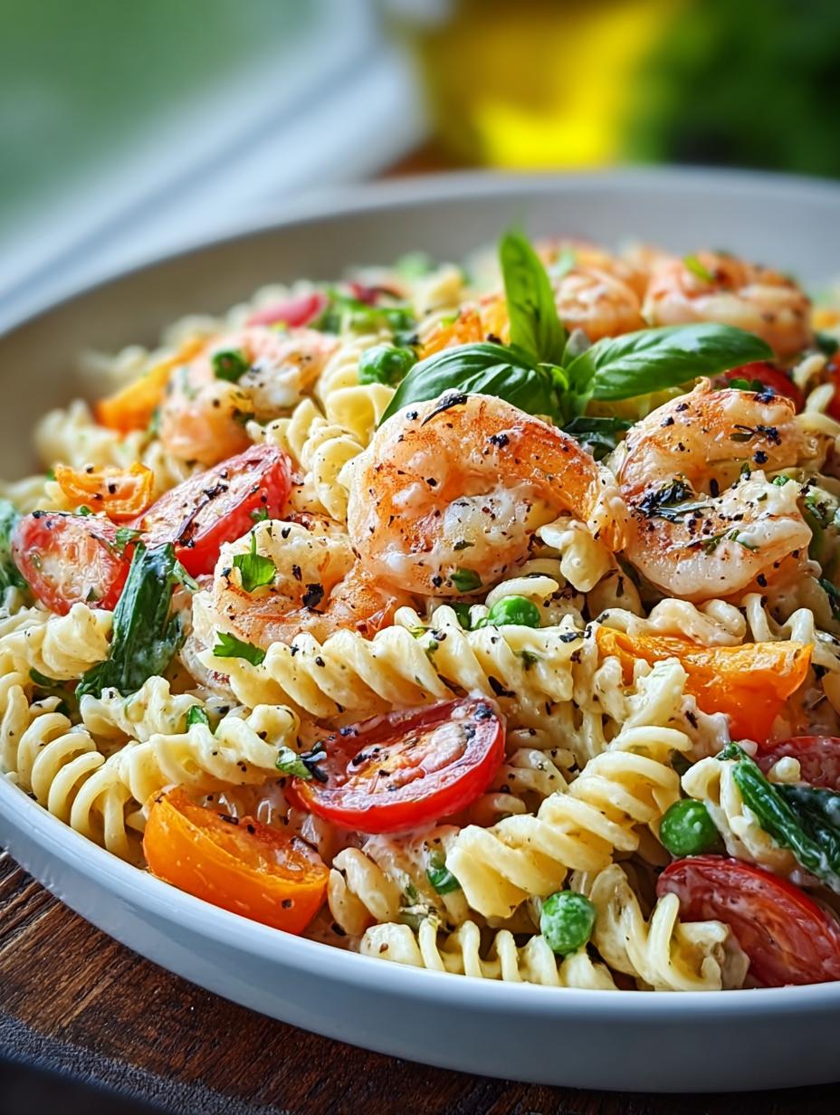 Diepgaande Zeevruchten Pastasalade in 20 Minuten! 6 Close-up van een portie Zeevruchten Pastasalade met verse groenten en romige dressing