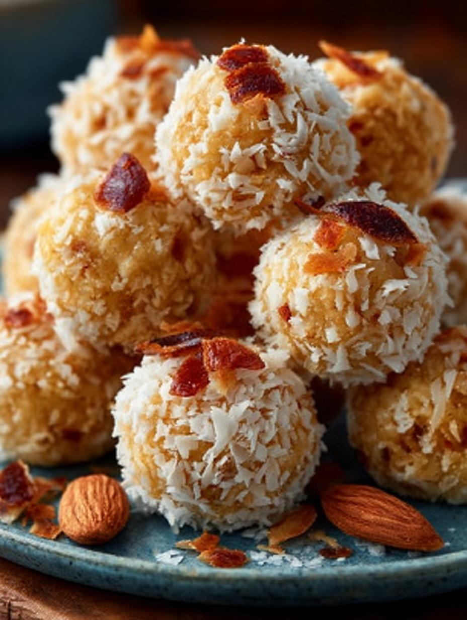 Close-up van perfect gevormde Susse Mandel Kokos Kugeln, bestrooid met kokos, op een schaal