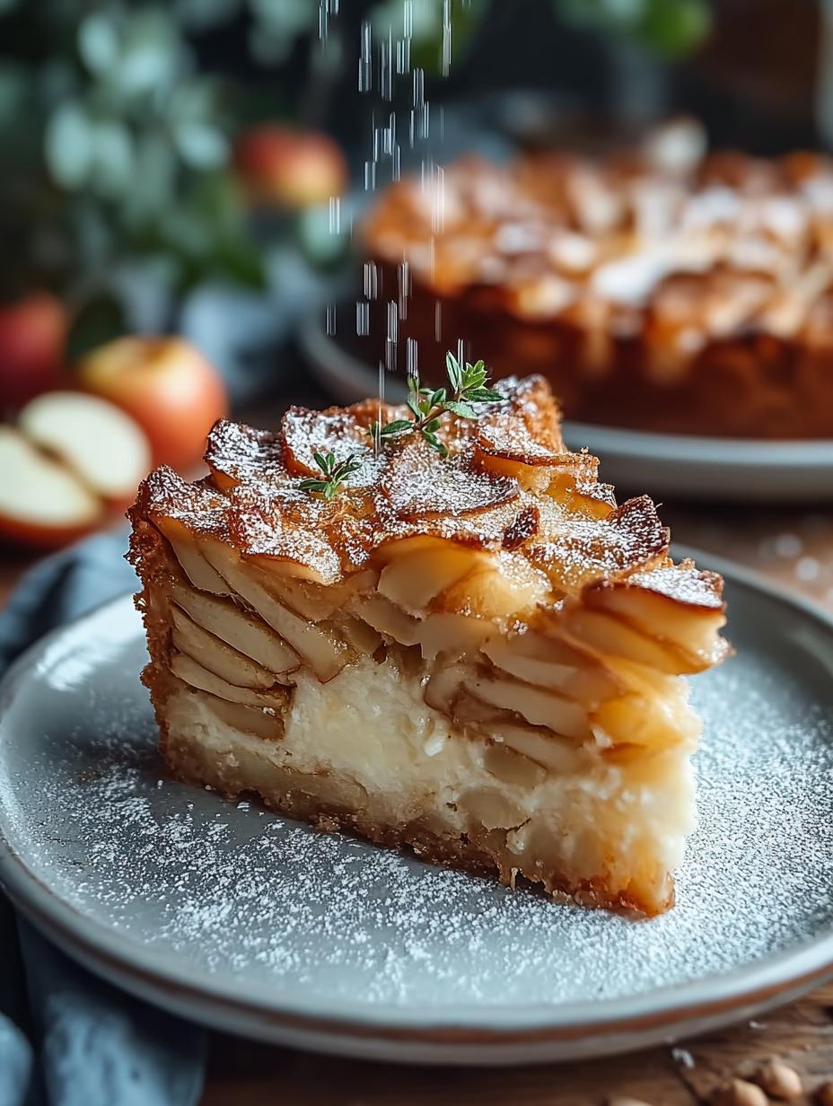 Ultieme Unsichtbarer Apfelkuchen: 1 Heerlijk Geheim - Een close-up van de textuur van de Unsichtbarer Apfelkuchen, met de dunne appelplakjes subtiel zichtbaar in het vochtige beslag.