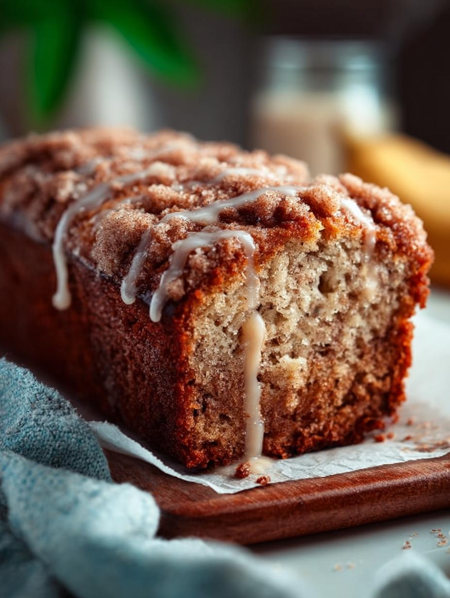 Close-up van een plak Zimt Strudel Bananenbrood met zichtbare kaneel swirl en perfecte textuur