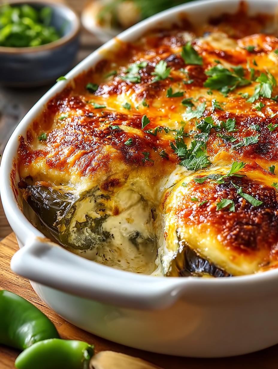 Chile Relleno Gratin: Een Heerlijk Mexicaans Smaakfestijn 5 Verrukkelijke Chile Relleno Gratin, goudbruin gebakken met gesmolten kaas en knapperige topping, klaar om te serveren.