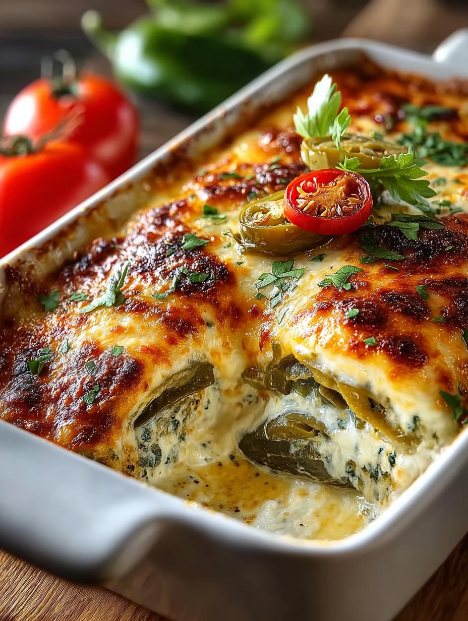 Chile Relleno Gratin: Een Heerlijk Mexicaans Smaakfestijn 6 Close-up van een portie Chile Relleno Gratin, rijk aan gesmolten kaas en geroosterde poblano's, geserveerd met verse koriander.