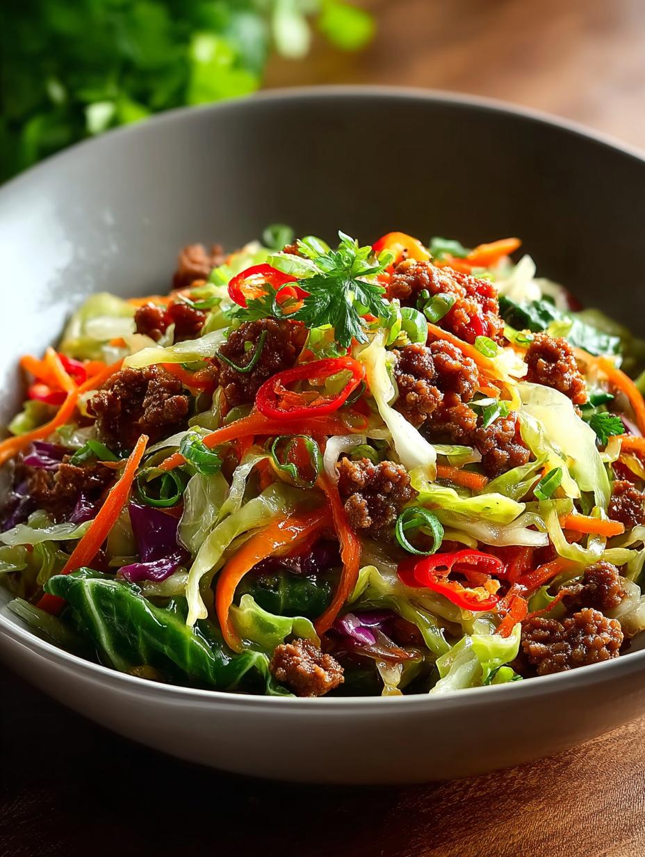 Healthy Ground Beef Cabbage: Snel & Heerlijk in 15 Min! 6 Close-up van Healthy Ground Beef Cabbage met verse kruiden, klaar om te serveren