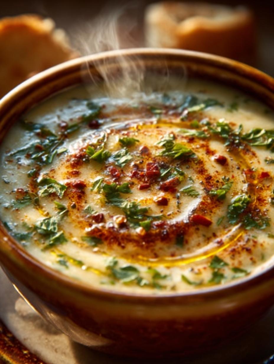 Close-up van romige Italiaanse Kartoffelsuppe gegarneerd met verse basilicum en een scheutje olijfolie