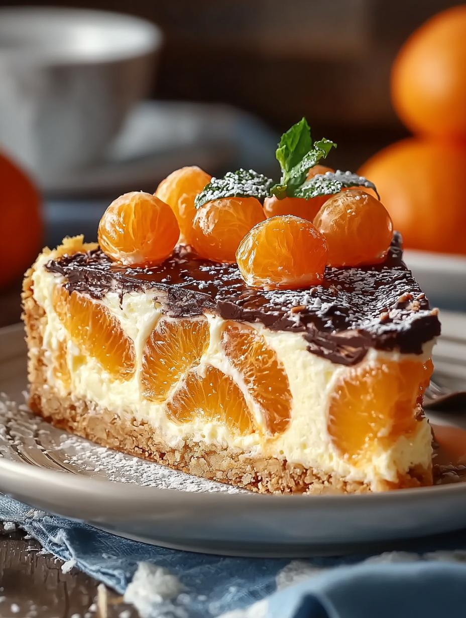 Close-up van een plak Kiesgrubenkuchen Met Mandarijnen Saftig, met zichtbare lagen chocoladecake, slagroom en mandarijnen