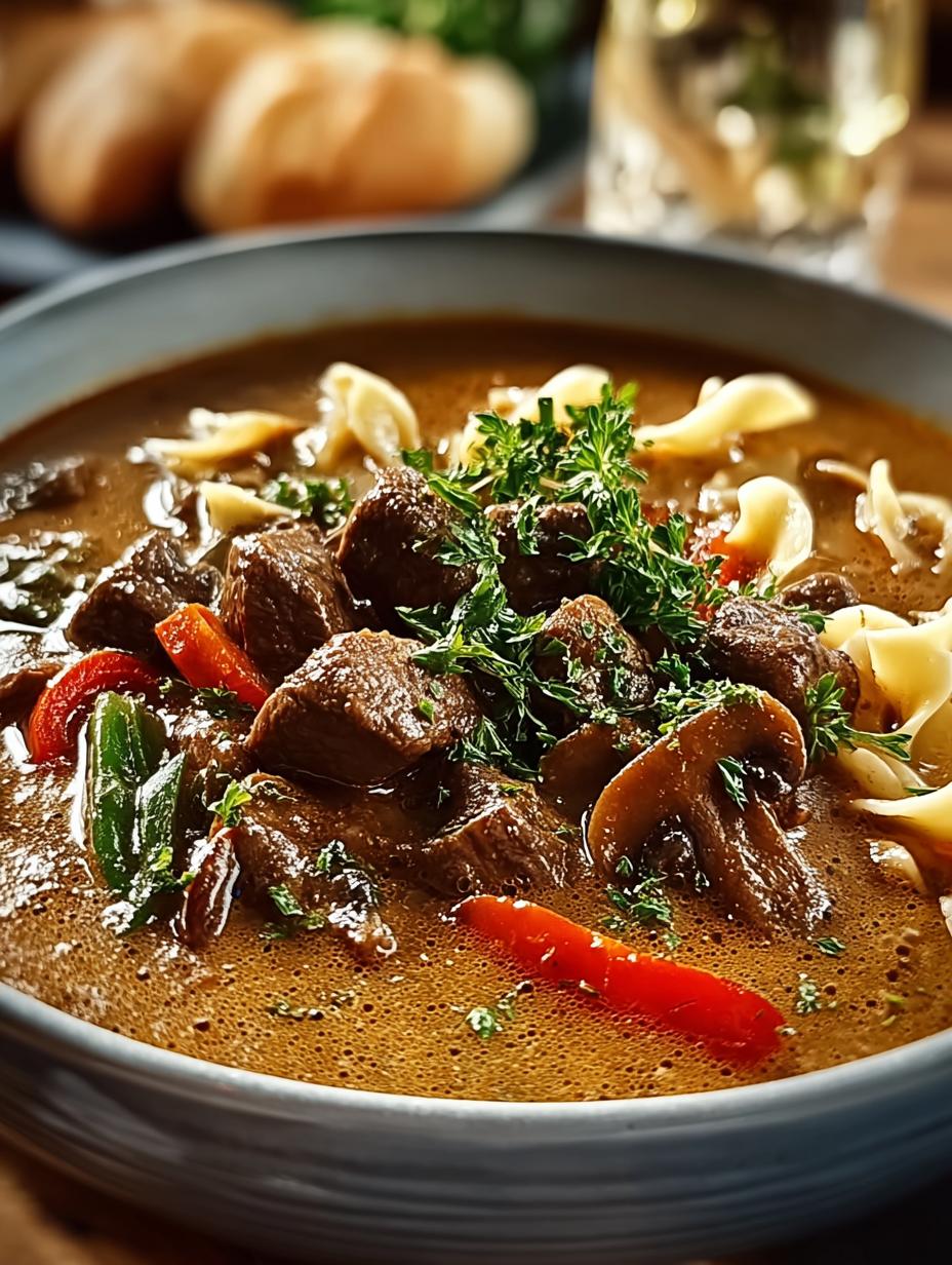 Kräftige Stroganoff Hack Suppe: 7 Hemelse Stappen! 6 Close-up van de romige textuur van de Kräftige Stroganoff Hack Suppe met gehakt en champignons