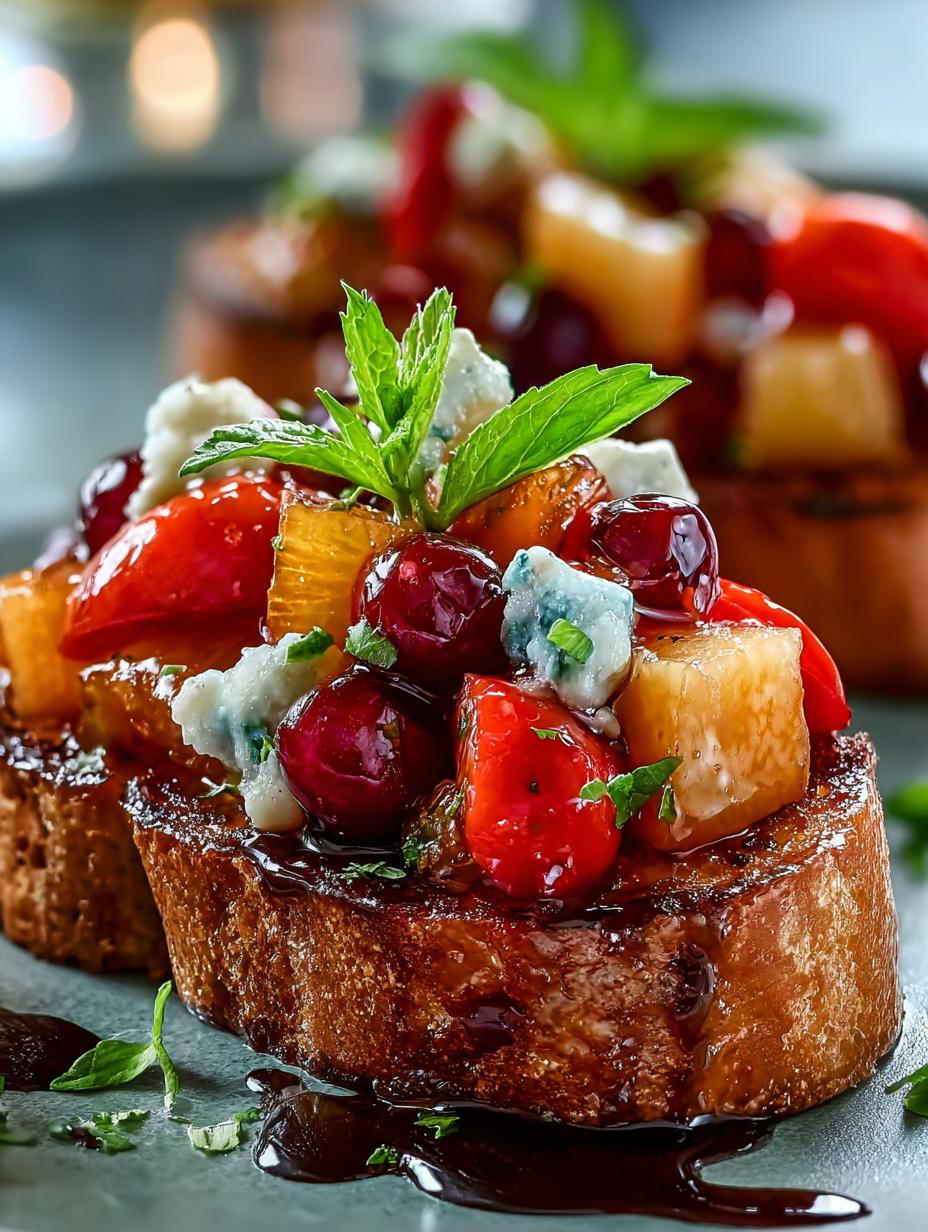 Pan Seared Fruitcake Bruschetta: 1 Geweldig feestdessert! 6 Close-up van Pan Seared Fruitcake Bruschetta met honing en munt, klaar om te serveren