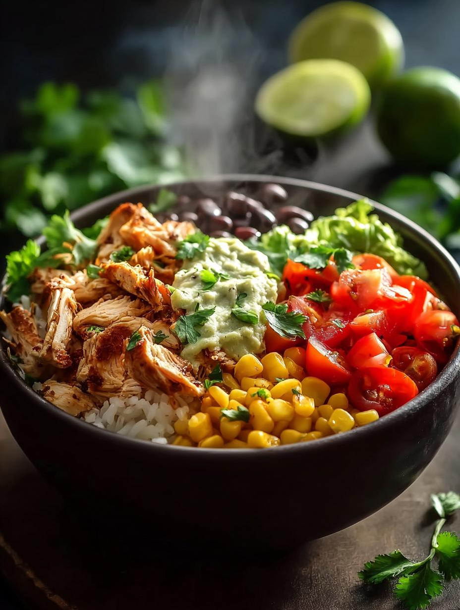 Heerlijke Slow Cooker Chicken Burrito Bowl met malse kip, rijst, bonen, maïs en verse koriander en limoen