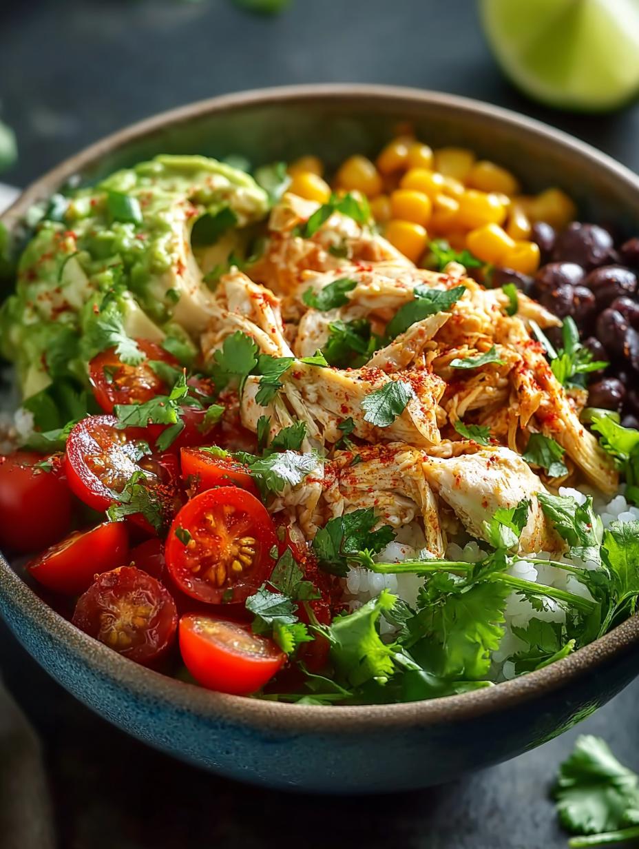Close-up van een Slow Cooker Chicken Burrito Bowl, rijk gevuld met malse kip, verse groenten en romige avocado