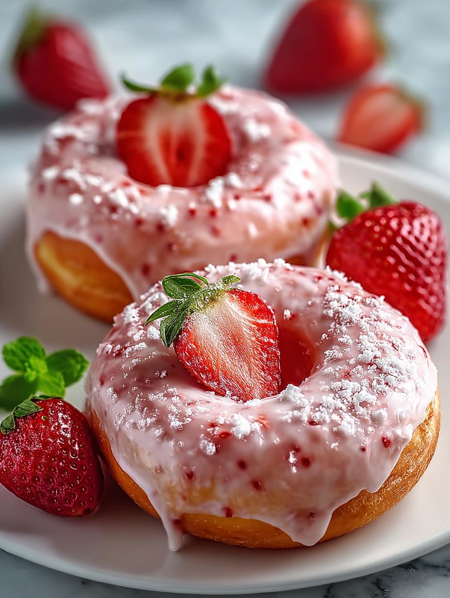 Heerlijke Strawberry Cake Donuts met roze glazuur en verse aardbeien, perfect voor de lente