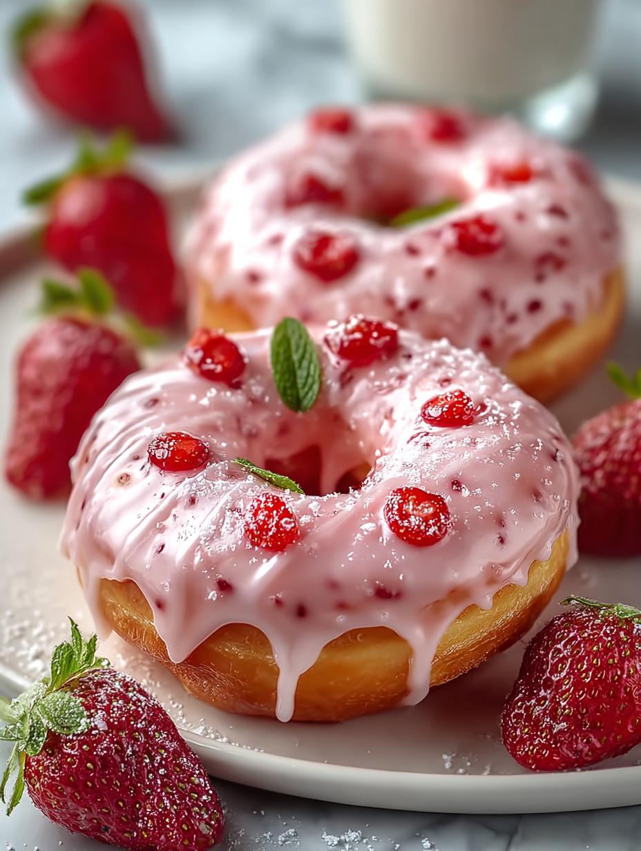 Close-up van een Strawberry Cake Donut met roze glazuur en aardbeienstukjes, klaar om te eten
