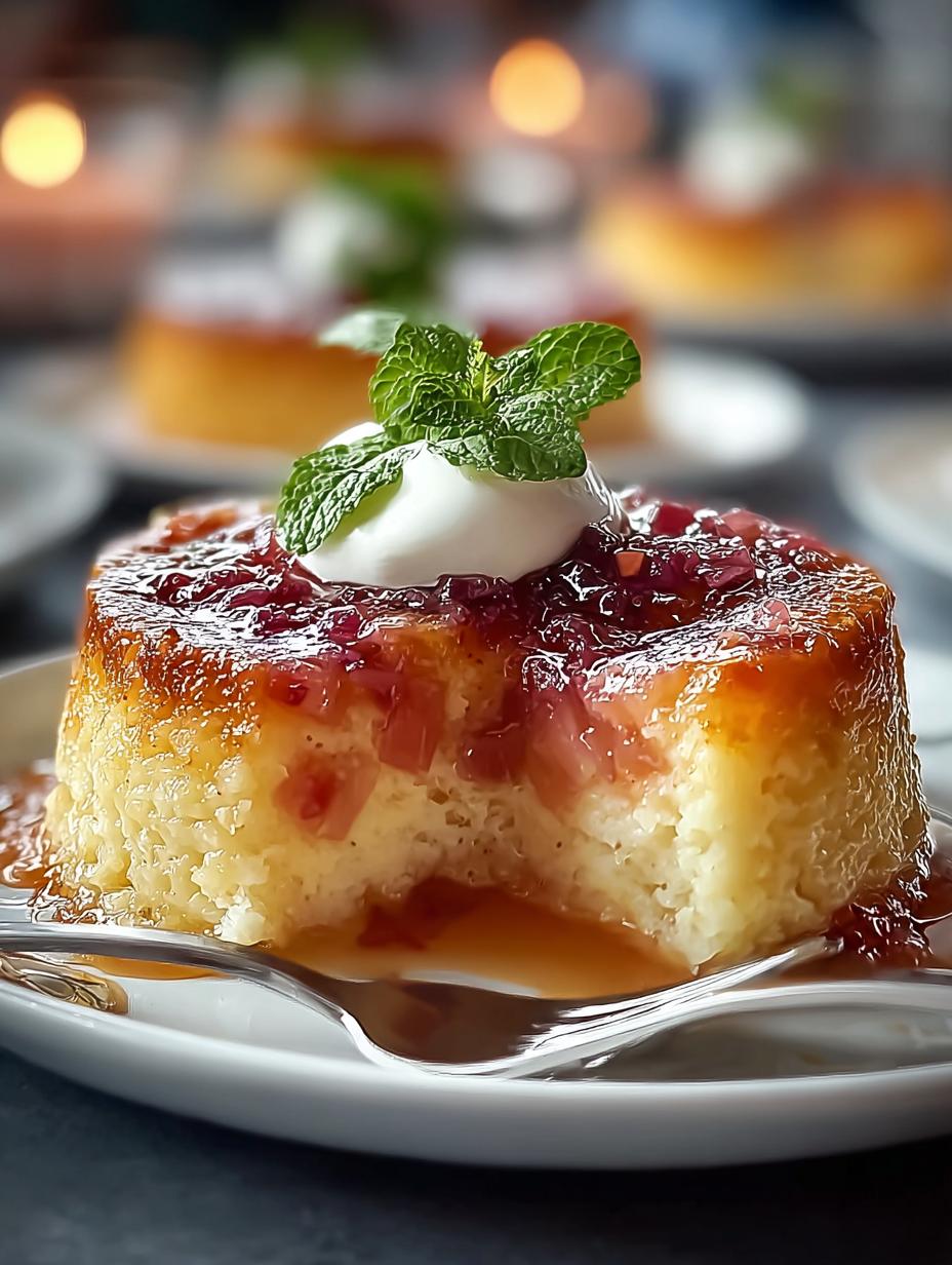 Close-up van een portie Bäckerischer Rhabarberpudding met een lepel, perfect voor een zoete traktatie