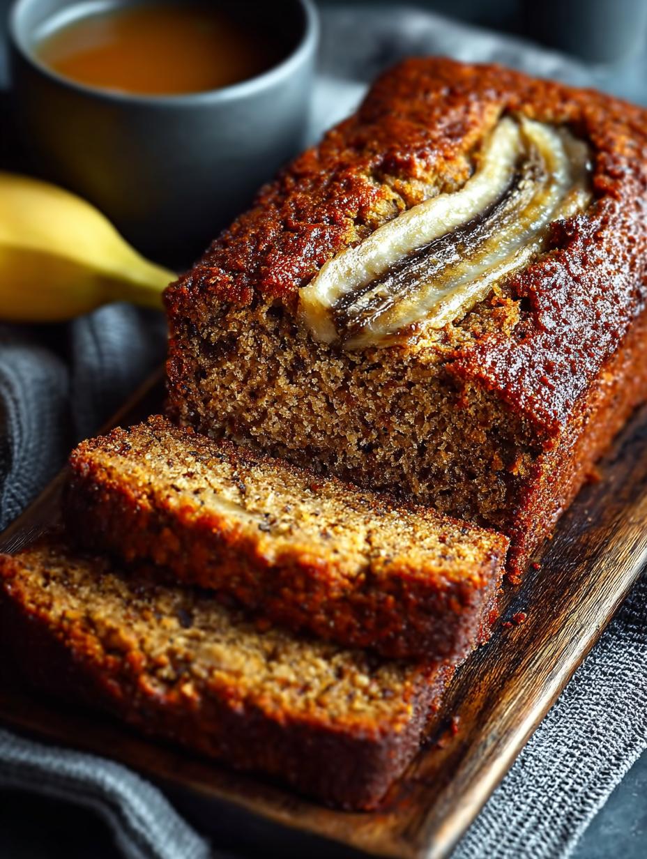 Heerlijk Banana Rum Bread met een perfecte goudbruine korst en vochtige textuur, klaar om geserveerd te worden.