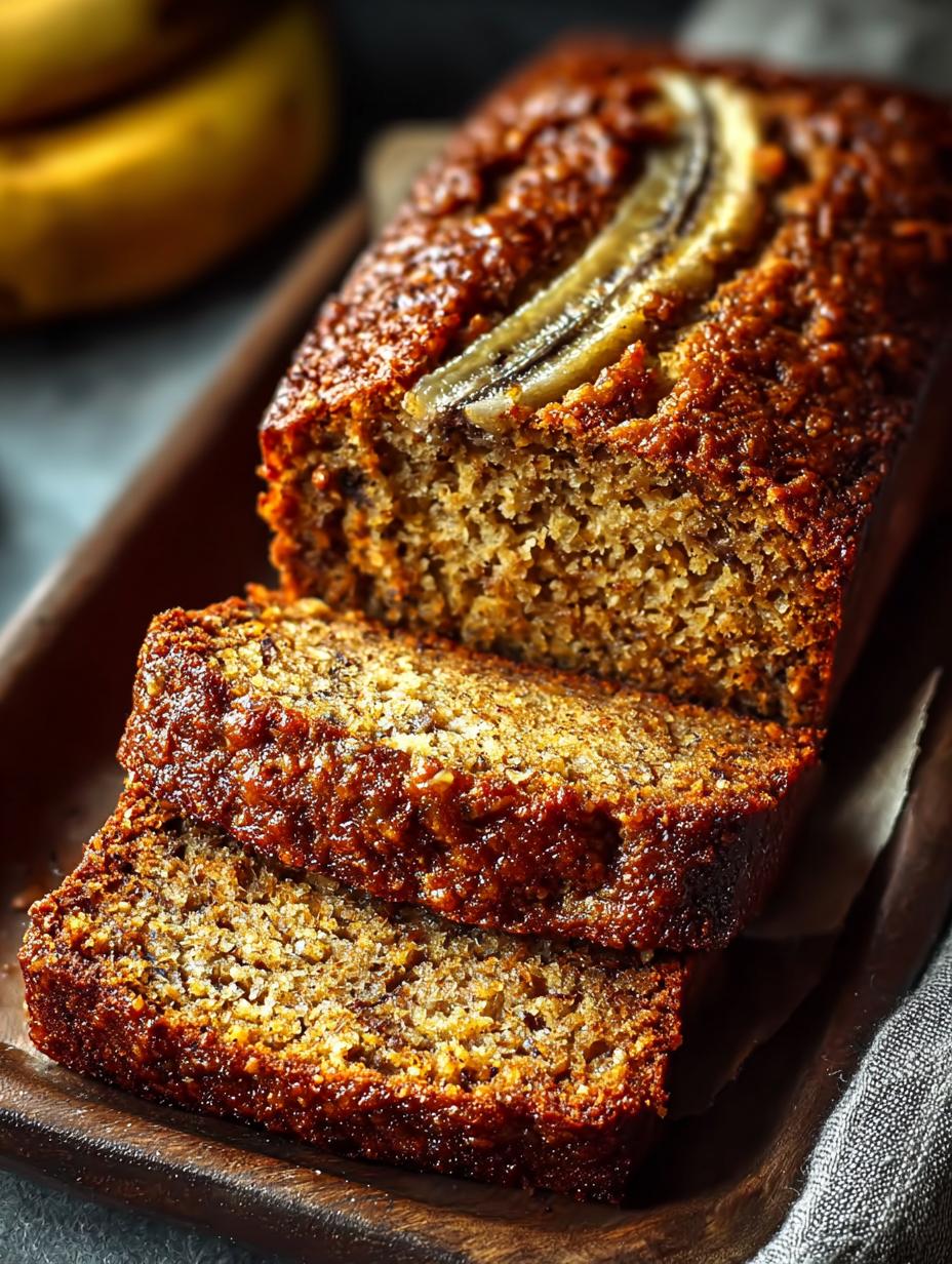 Close-up van een plak Banana Rum Bread met zichtbare bananenstukjes en een vochtige kruimel, perfect voor een tussendoortje.