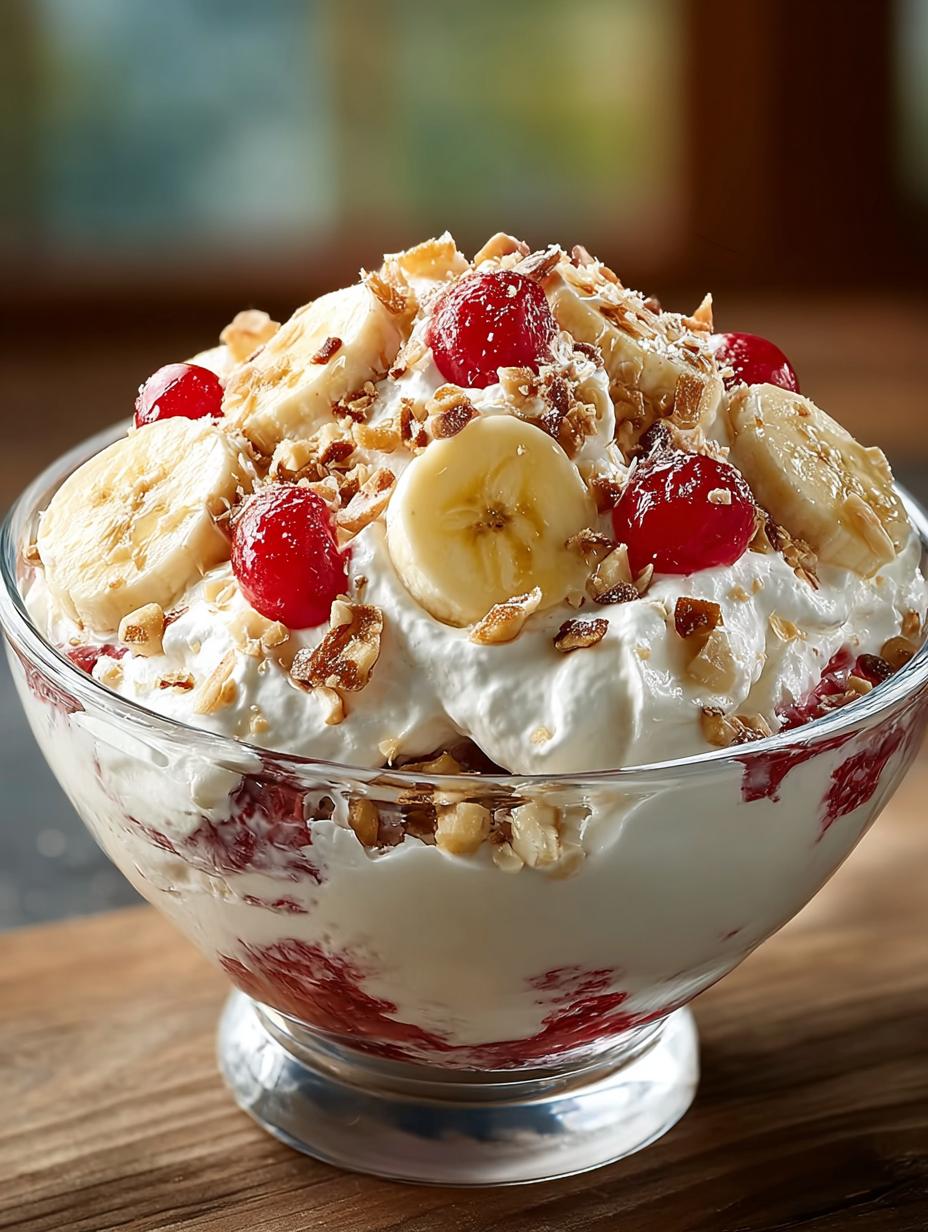 Verrukkelijke Banana Split Fluff Salade met romige textuur en kleurrijke vruchten, perfect voor een feestje