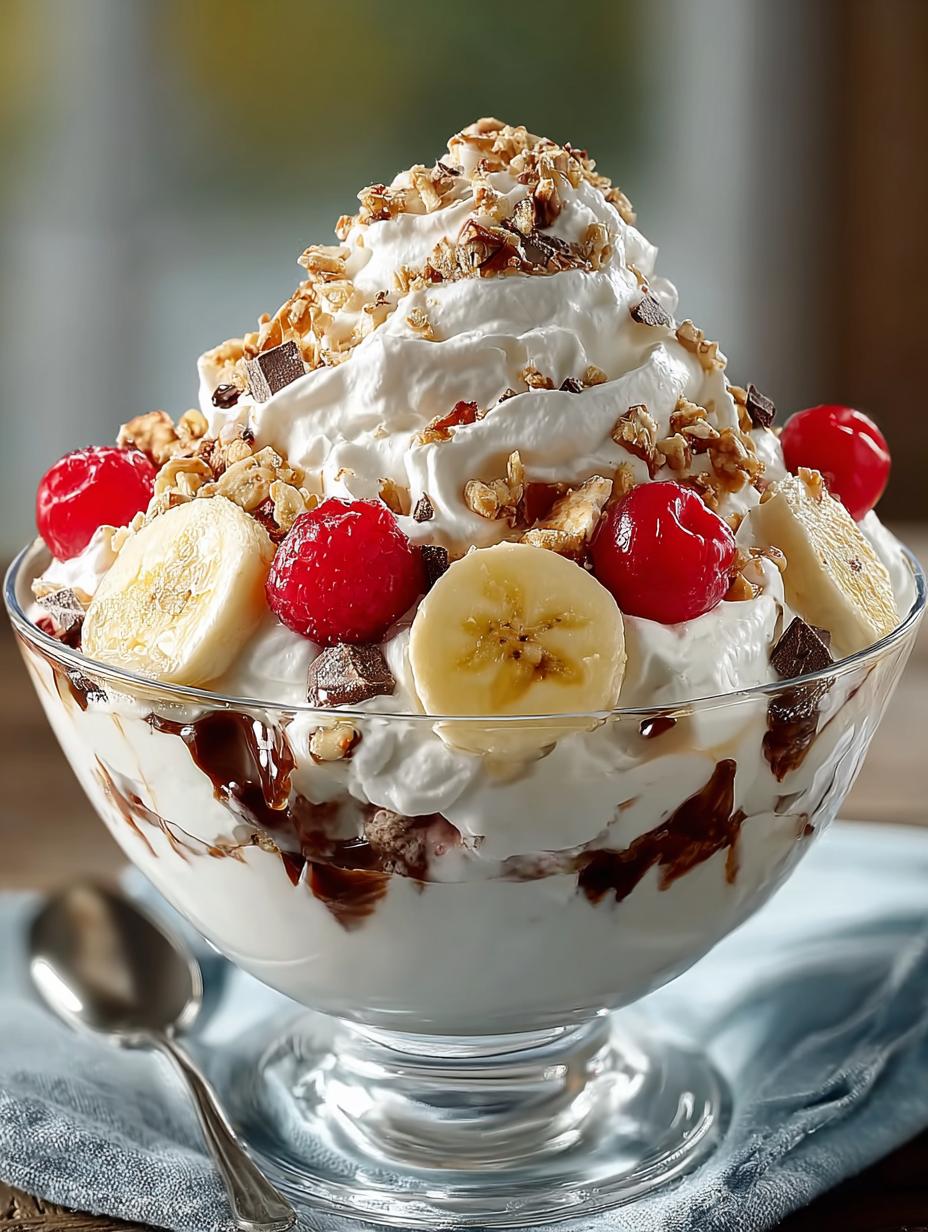 Close-up van een portie Banana Split Fluff Salade in een glazen kom, klaar om te serveren