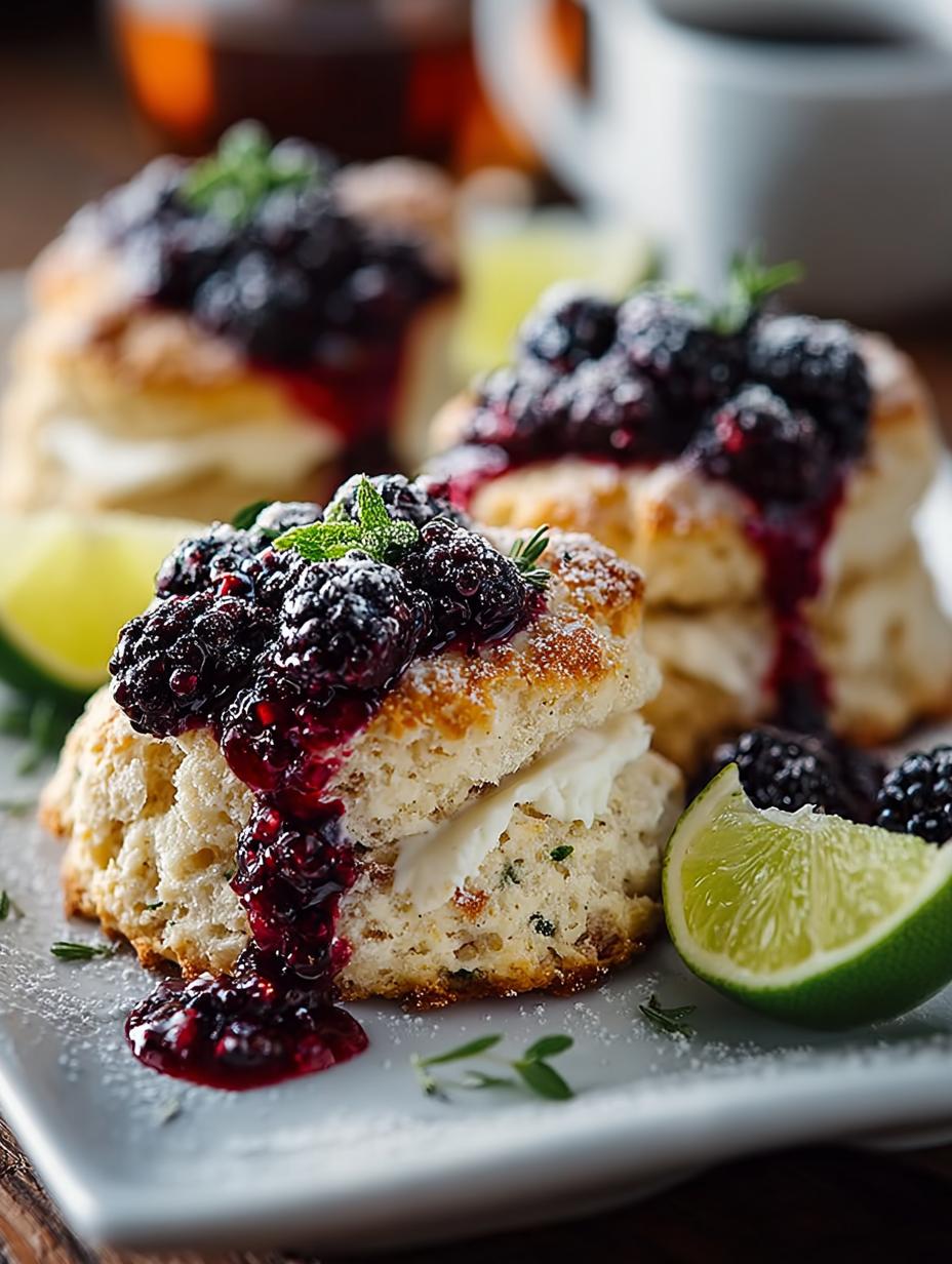 Heerlijke, versgebakken Blackberry Lime Scones met een gouden korst en sappige bramen, klaar om geserveerd te worden.