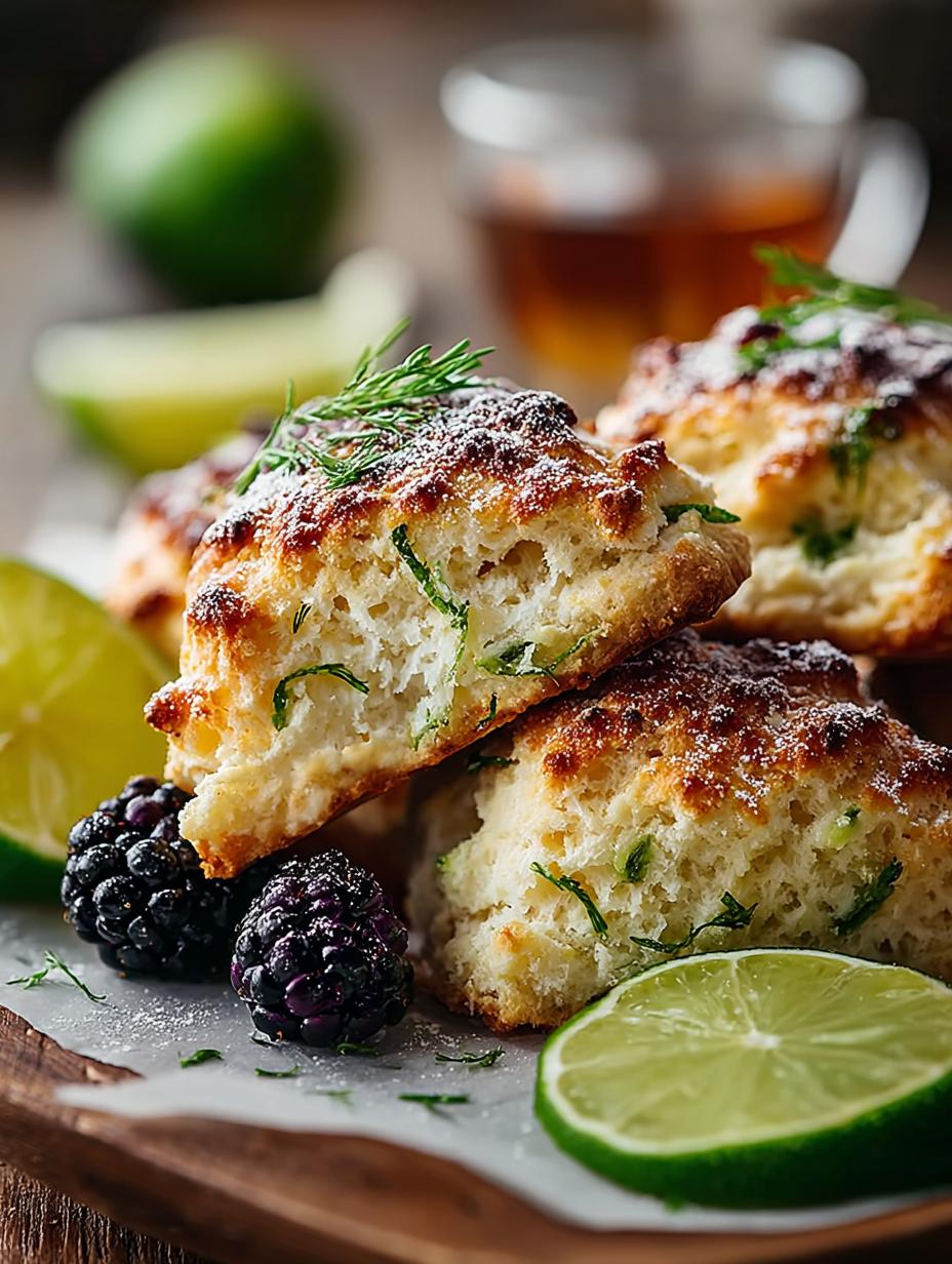 Een close-up van een perfect gebakken Blackberry Lime Scone, opengesneden om de sappige bramen en kruimelige textuur te onthullen.