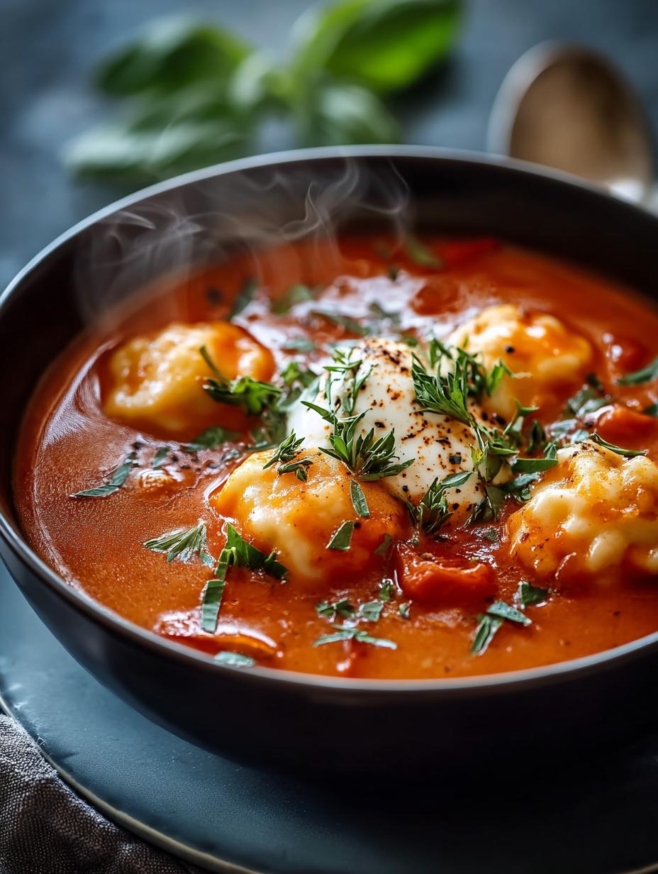 Kaasknoedel Tomatensoep: zalig comfort in 7 stappen - Cheese Dumpling Tomato Soup - romige tomatensoep met zachte kaasknoedels in een kom