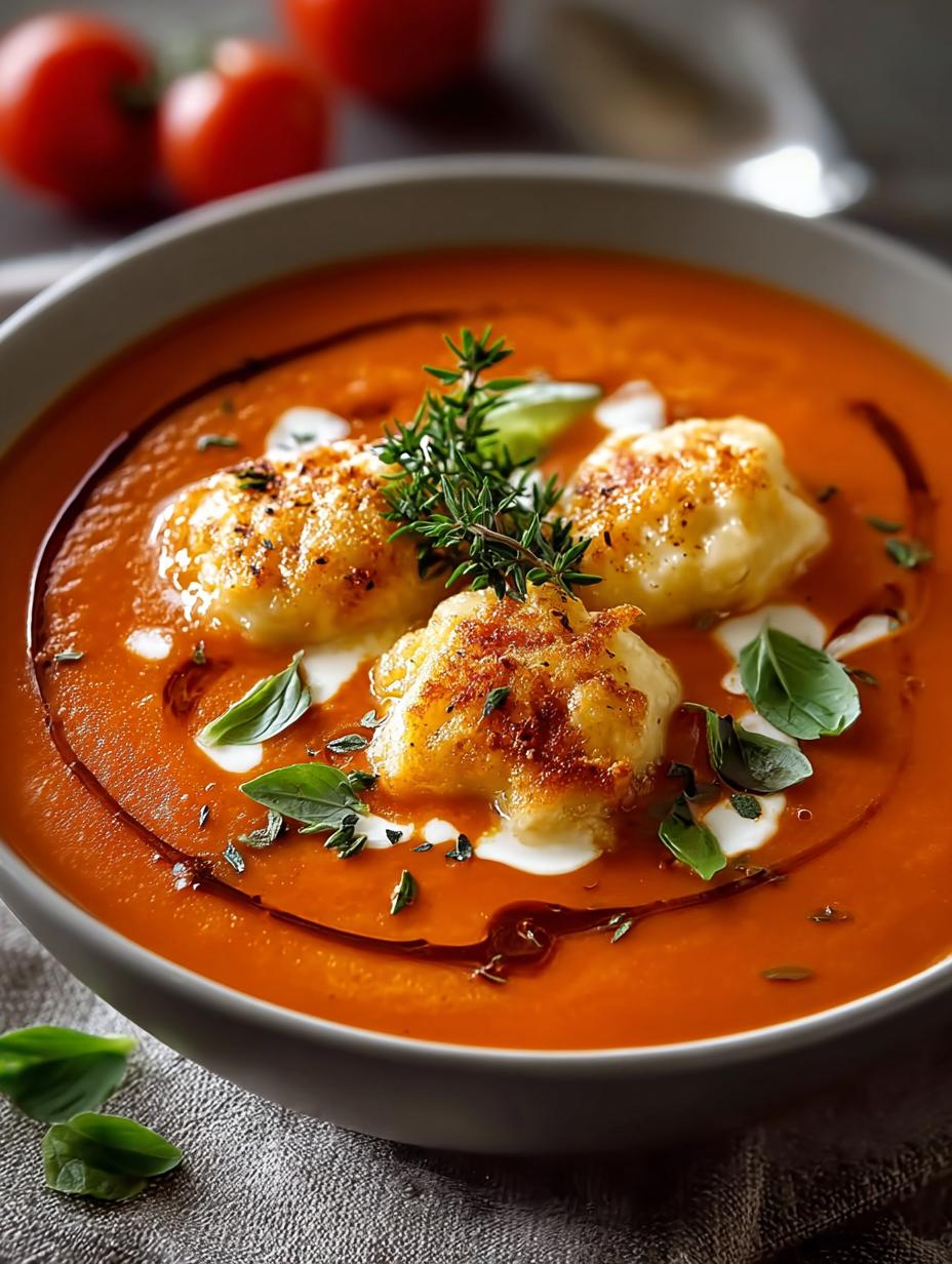 Kaasknoedel Tomatensoep: zalig comfort in 7 stappen - Cheese Dumpling Tomato Soup - close-up van romige tomatensoep met kaasknoedels en verse basilicum