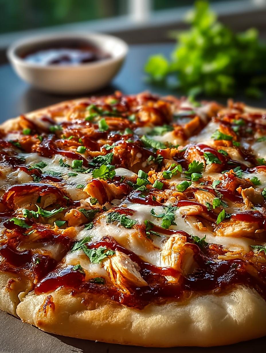 Heerlijke Chipotle Bbq Hahnchenpizza met gesmolten kaas en verse koriander, klaar om te serveren