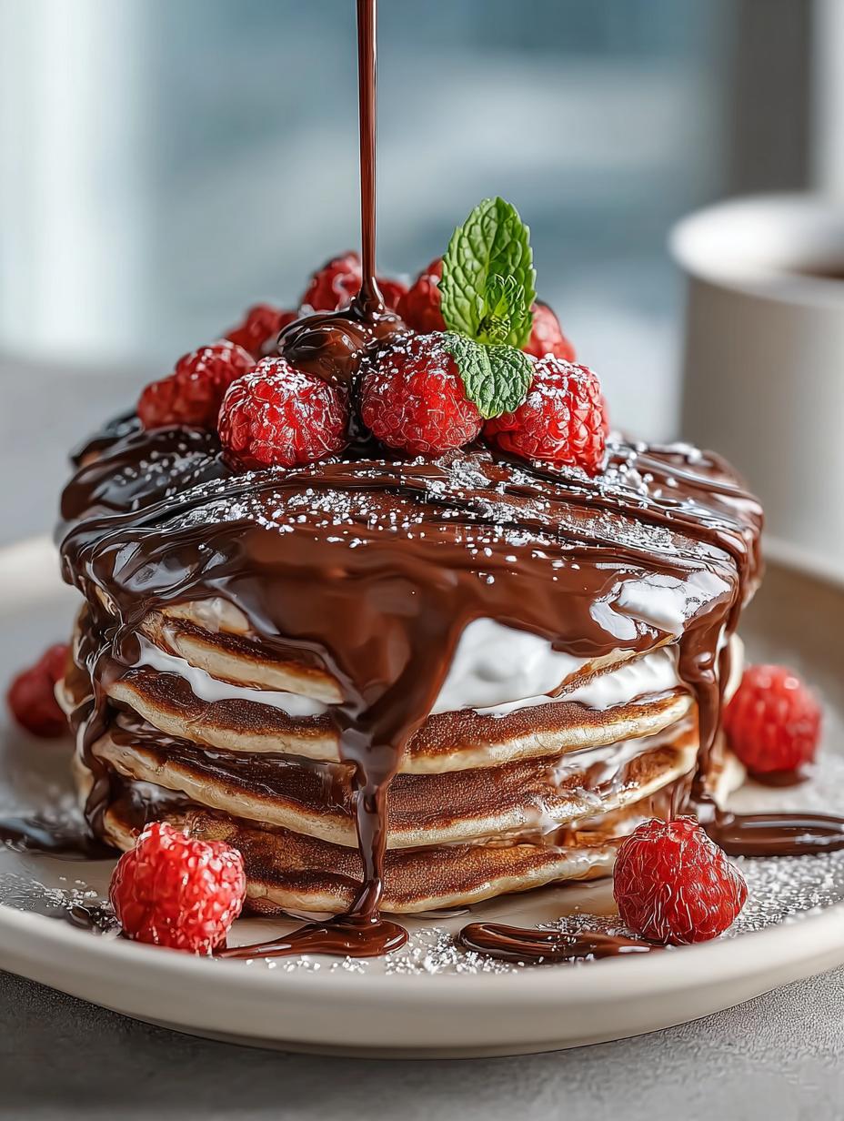 Verrukkelijke Chocolate Pancakes met chocoladesaus en poedersuiker, klaar om te serveren