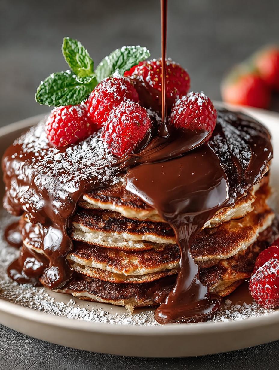 Stapel luchtige Chocolate Pancakes met gesmolten chocolade en verse bessen