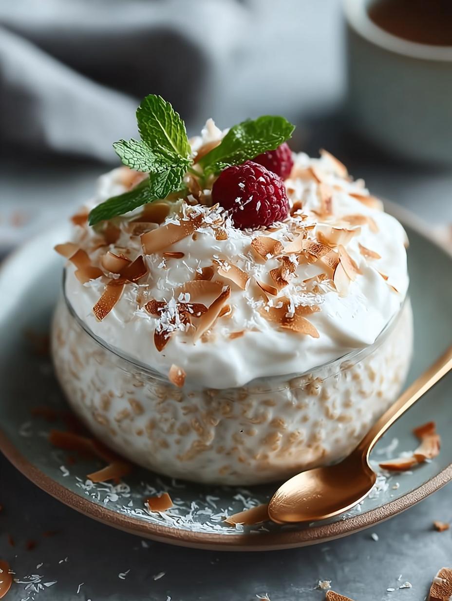 Coconut Cream Pie Overnight: 1 zalig & snel ontbijt! 5 Verrukkelijke Coconut Cream Pie Overnight in een glas, klaar om te eten, met een lepel erin.