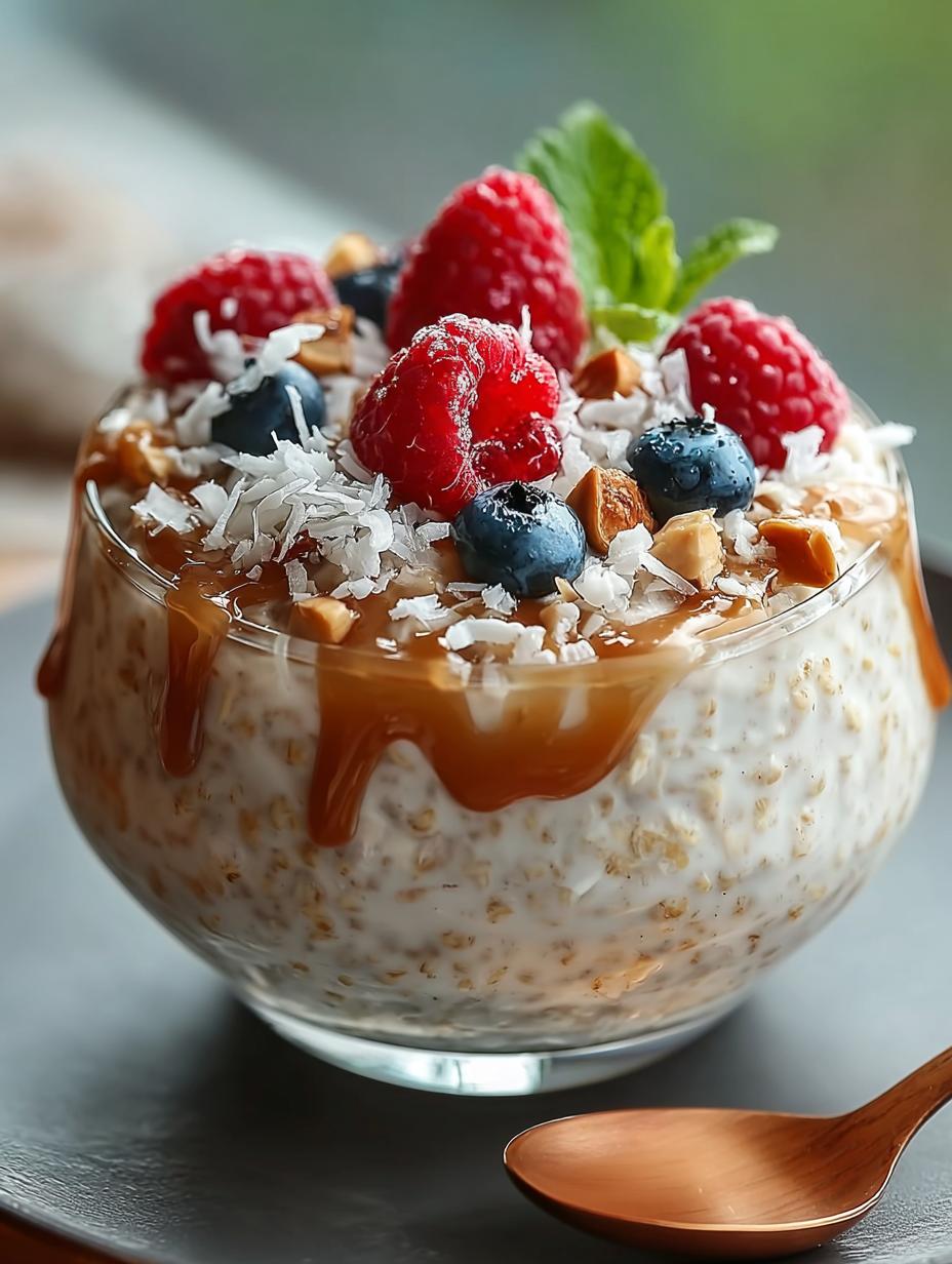 Coconut Cream Pie Overnight: 1 zalig & snel ontbijt! 6 Twee glazen Coconut Cream Pie Overnight, versierd met kokosvlokken en bessen, klaar om te serveren.