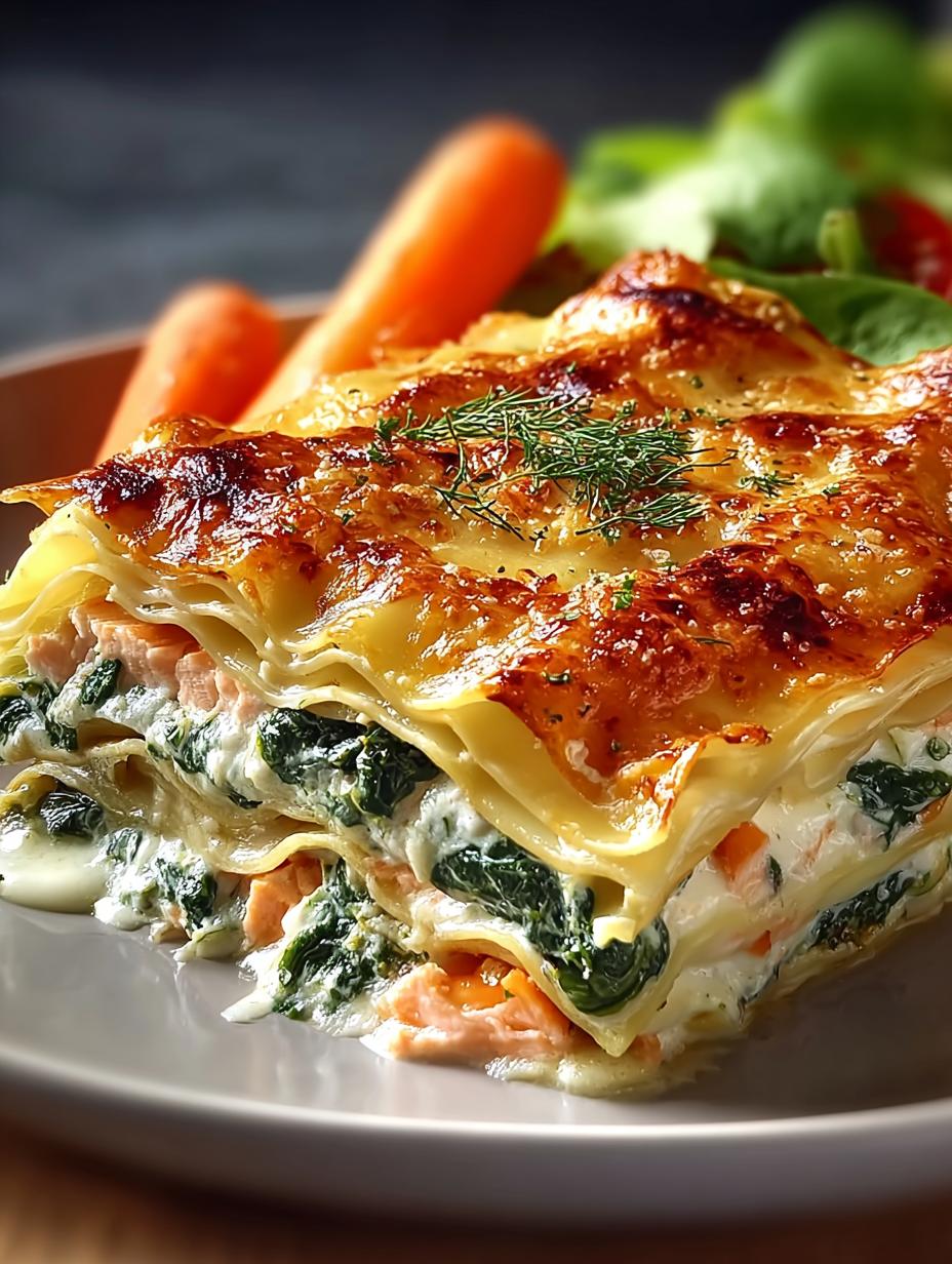 Verrukkelijke Cremige Lachs Spinat Lasagne, goudbruin gebakken en klaar om te serveren