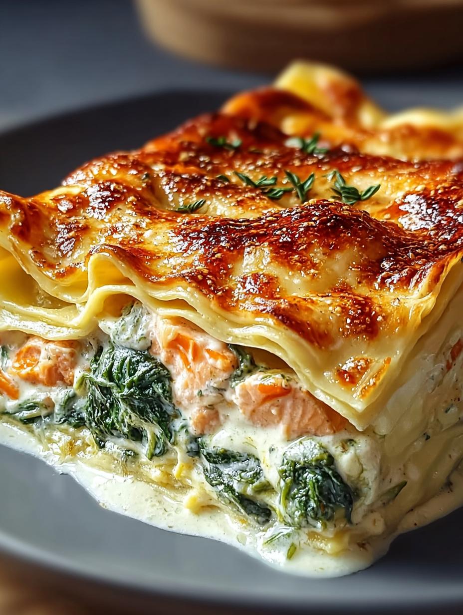 Detailopname van een portie Cremige Lachs Spinat Lasagne met romige lagen en verse zalm