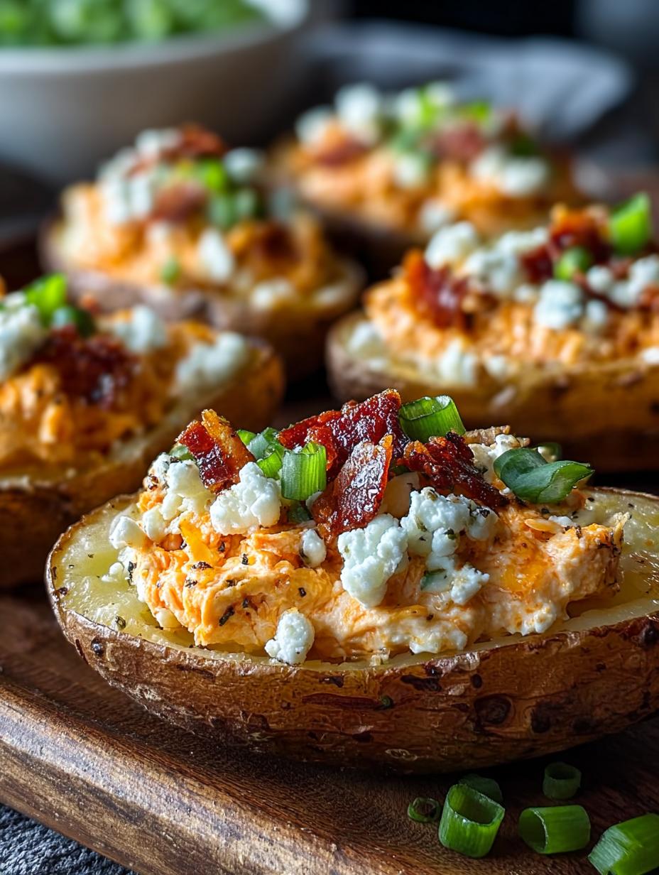 Verrukkelijke Crispy Buffalo Chicken Dip in knapperige aardappelschillen, perfect voor elk feestje