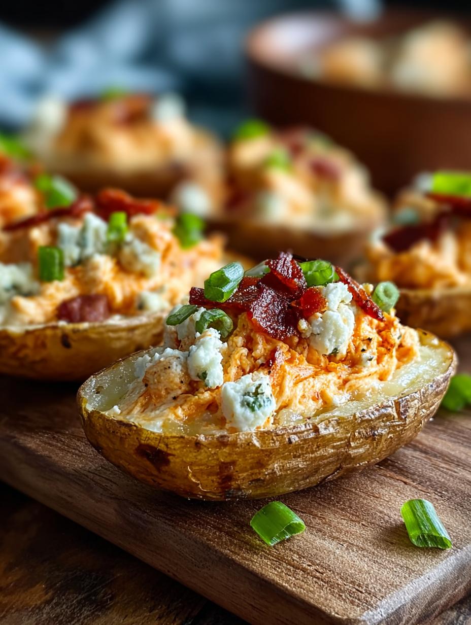 Close-up van Crispy Buffalo Chicken Dip in een aardappelschil, gegarneerd met lente-uitjes