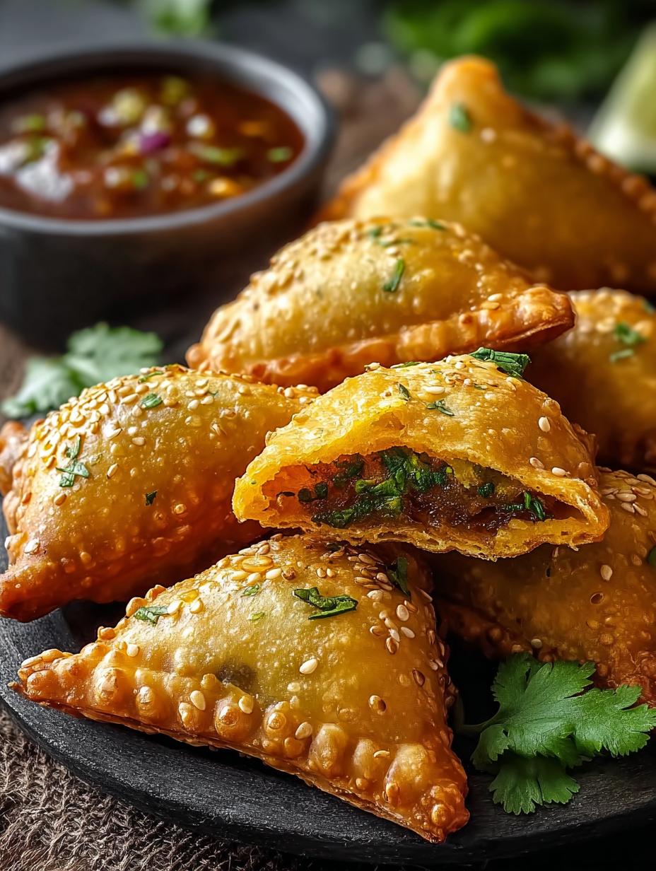 Heerlijke Crispy Indian Samosas, goudbruin en perfect gebakken, geserveerd met verse kruiden