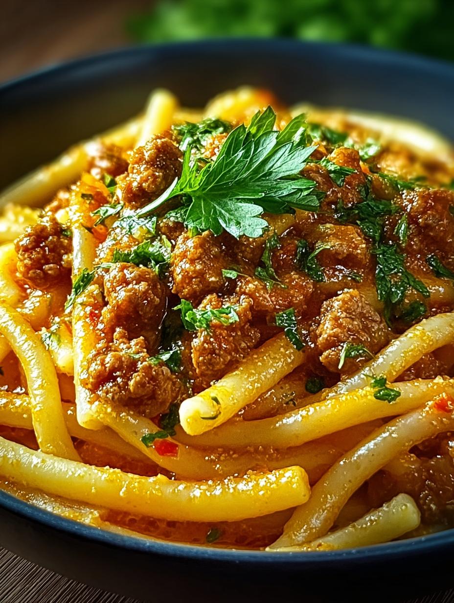 Heerlijke Curryrahm Nudeln Mit Hackfleisch in een pan, klaar om geserveerd te worden