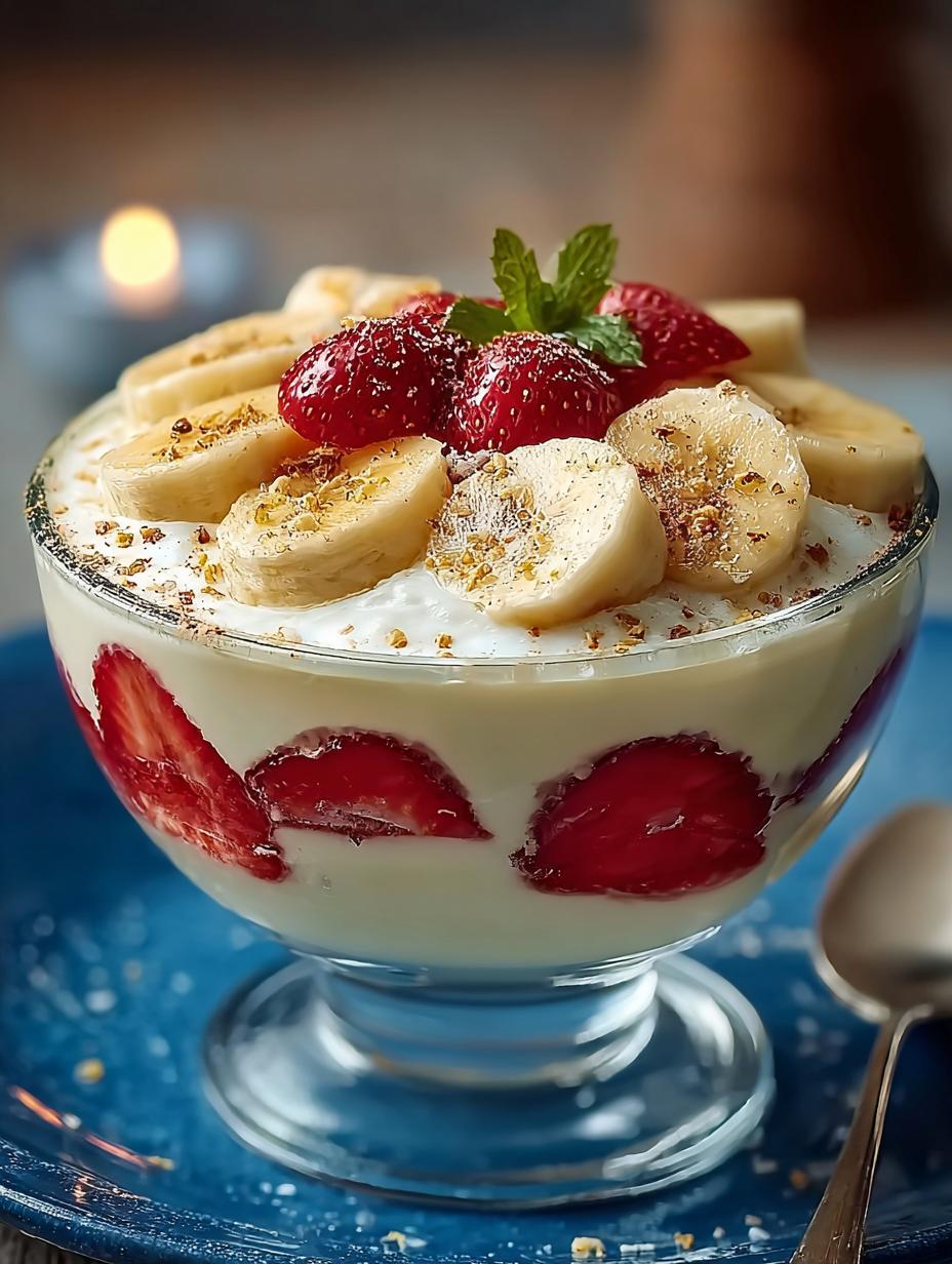 Close-up van Erdbeer Bananen Pudding Traum met lagen fruit en romige pudding