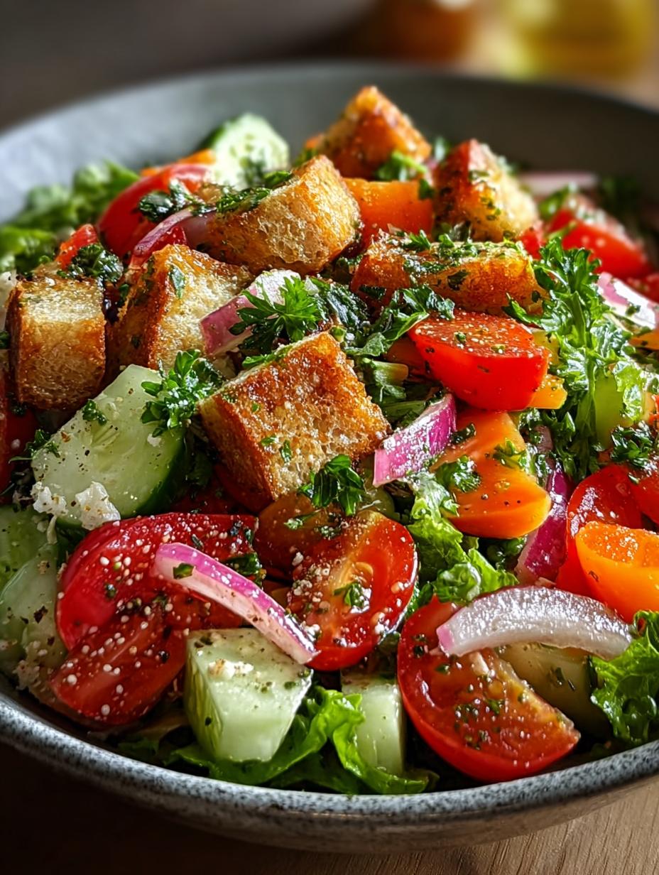 Verfrissende Fattoush Salade met knapperige pitachips en verse groenten, klaar om te serveren