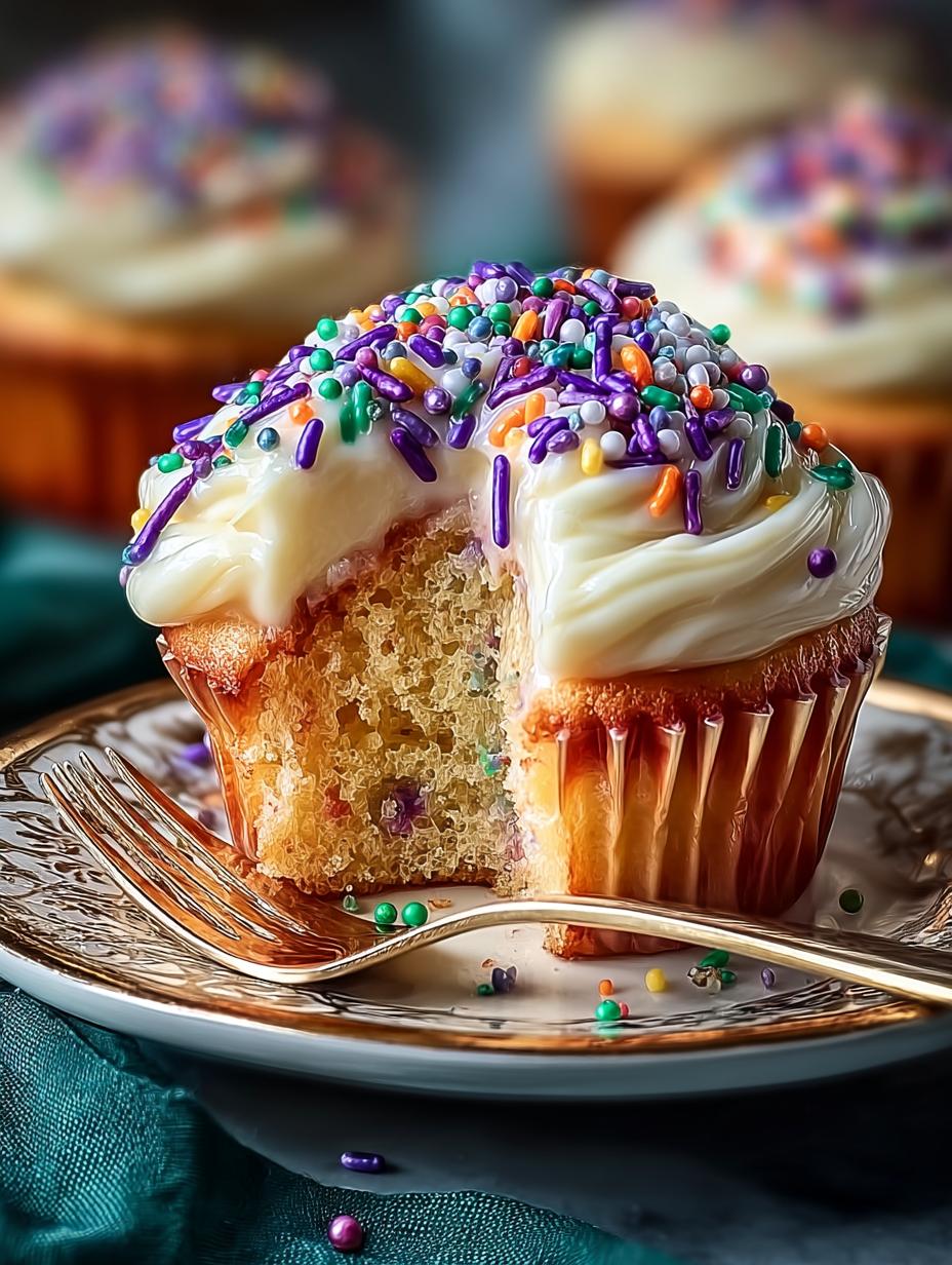 Prachtige Feestelijke King Cake Cupcakes met paarse, groene en gouden sprinkles, klaar om van te genieten.