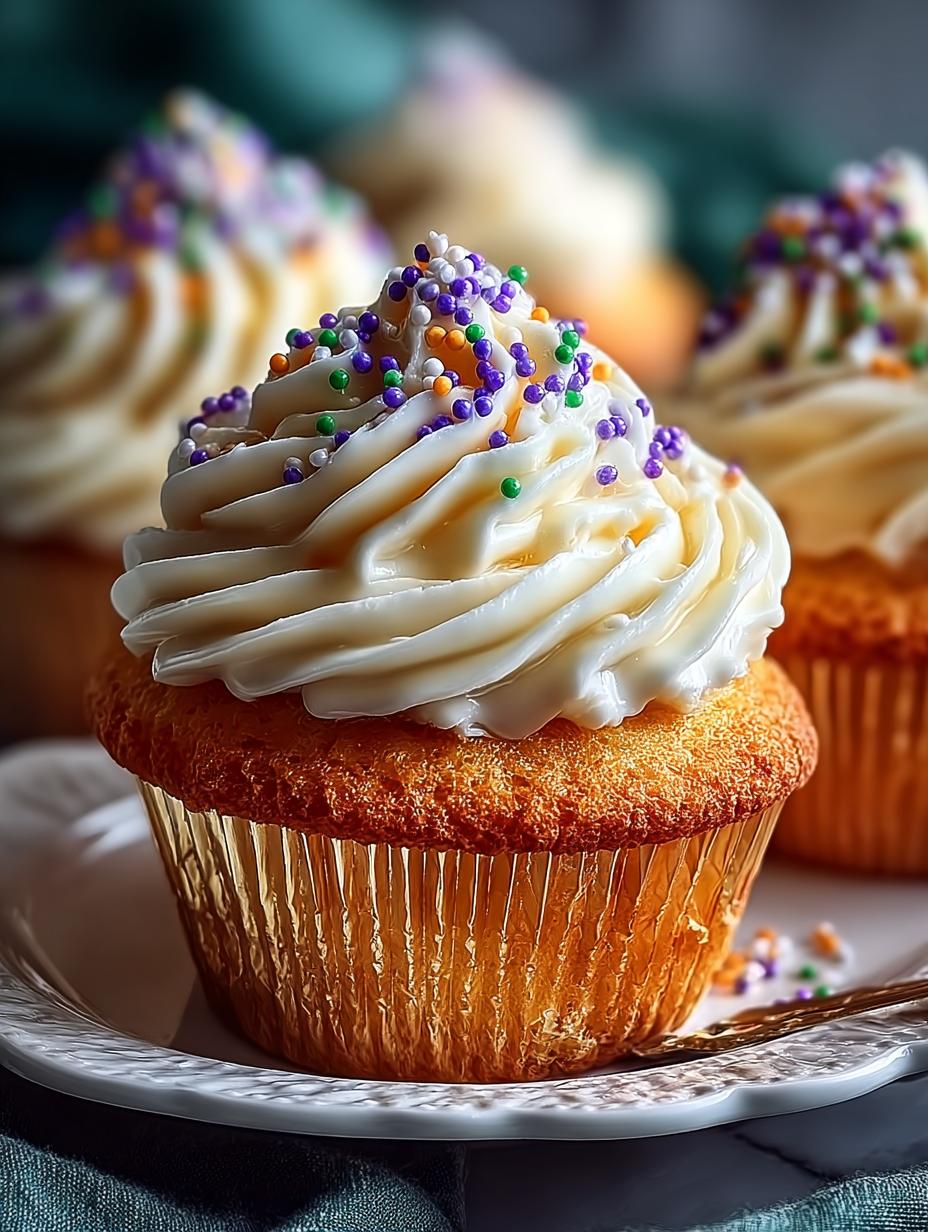 Close-up van een heerlijke Feestelijke King Cake Cupcake met romige vulling en kleurrijke sprinkles.