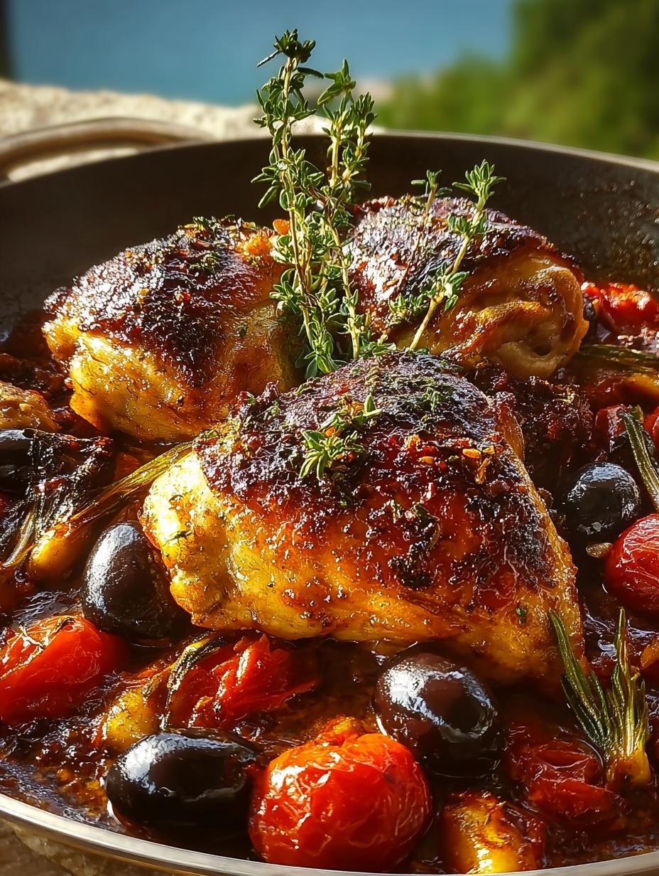 Geschmorte Haehnchenschenkel: 1 heerlijke smaaksensatie 6 Close-up van Geschmorte Haehnchenschenkel Mediterran met olijven en tomaten in een pan