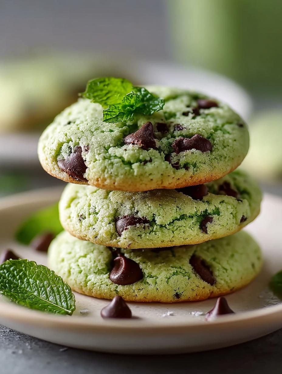 Close-up van een stapel Green Mint Chip Cookies met gesmolten chocolade en muntstukjes.