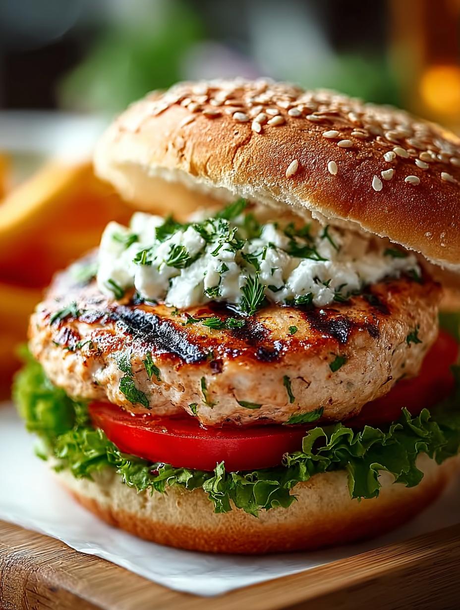 Verrukkelijke Griekse Hahnchenburger met gesmolten feta en verse toppings op een geroosterd broodje