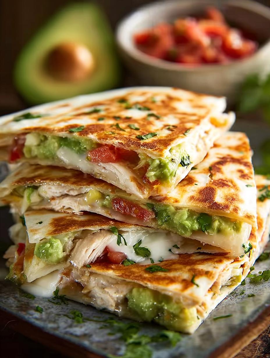 Heerlijke Hähnchen Avocado Quesadillas, perfect gesneden en klaar om te serveren, met een romige vulling van kip, avocado en gesmolten kaas.