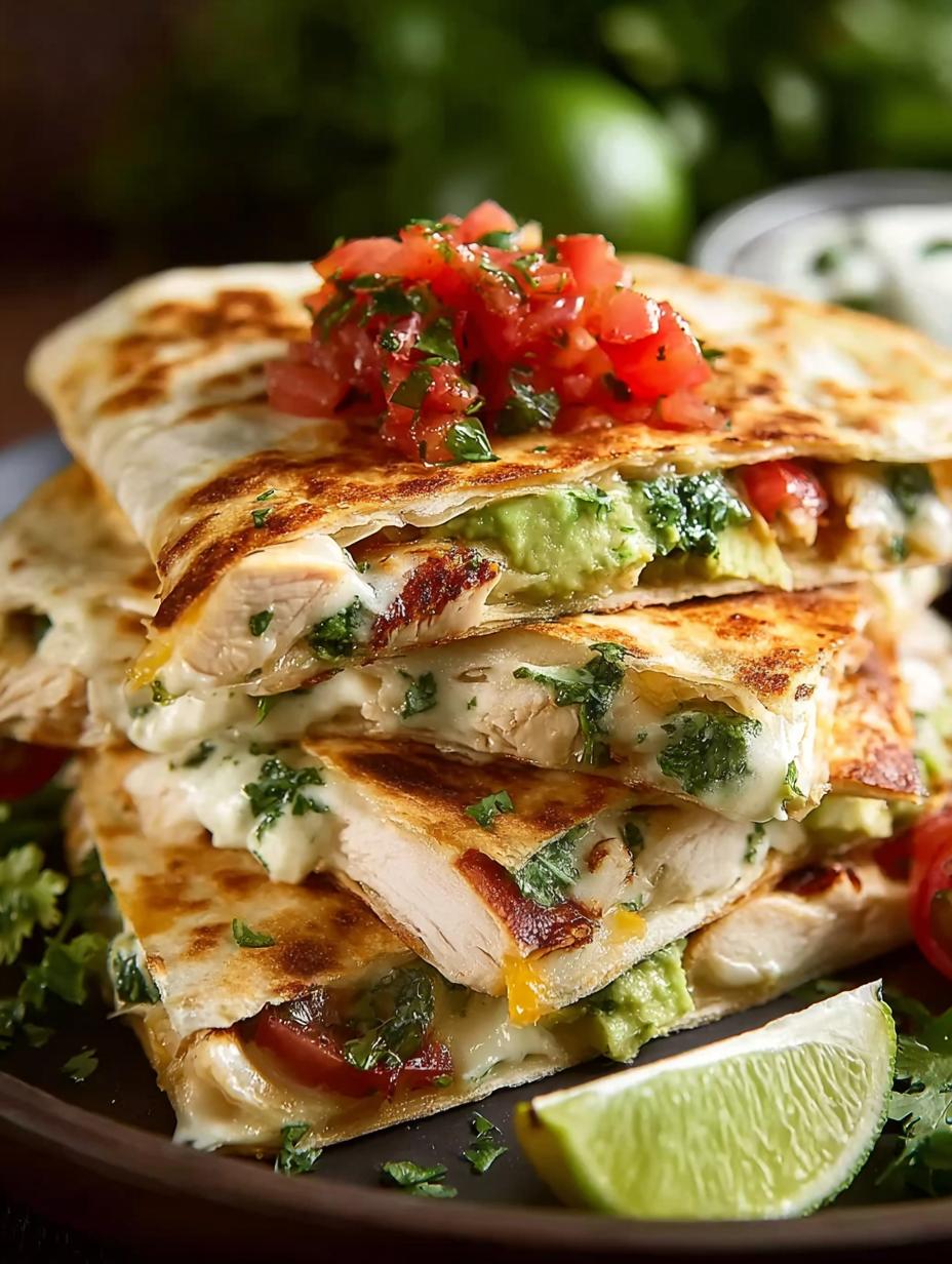 Close-up van een perfect gebakken Hähnchen Avocado Quesadilla, goudbruin en knapperig, met de gesmolten kaas en vulling zichtbaar.