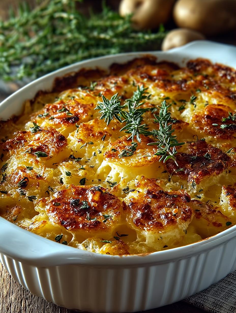 Close-up van een portie Hähnchen Kartoffelrösti Auflauf met gesmolten kaas en verse peterselie, klaar om te eten