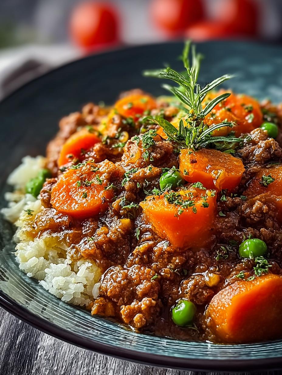 Heerlijk Herzhaftes Hackfleisch Mit Karotten geserveerd met rijst en verse kruiden, een perfecte maaltijd