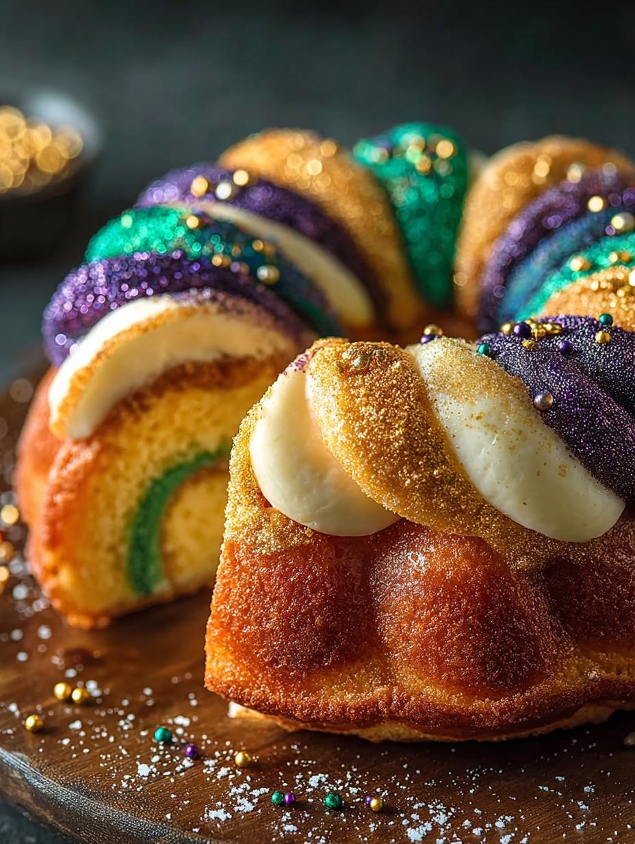 Prachtige Hurricane King Cake met kleurrijke glazuur en suikerdecoraties, klaar om geserveerd te worden