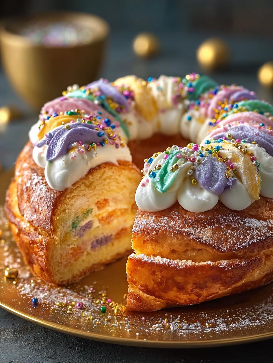 Close-up van een plak Hurricane King Cake met vochtige textuur en romige glazuur